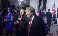 President-elect Donald Trump appears  with Fox & Friends co-host Pete Hegseth at a Wounded Warrior Project Soldier Ride event in the East Room of the White House in Washington, April 6, 2017. 
(Andrew Harnik / AP Photo)
