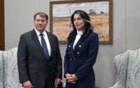 Tulsi Gabbard, President-elect Donald Trump's nominee to be director of National Intelligence, (right) meets with Sen. Mike Rounds, R-S.D., a member of the Senate Intelligence Committee, at the Capitol in Washington, Monday, Dec. 9, 2024. 
(J. Scott Applewhite / AP Photo)