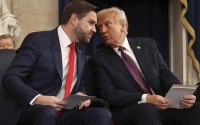 Vice President and former Sen. J.D. Vance, R-Ohio (left) and President Donald Trump speak during the 60th Presidential Inauguration in the Rotunda of the U.S. Capitol in Washington, Monday, Jan. 20, 2025. 
(Chip Somodevilla / AP Photo)