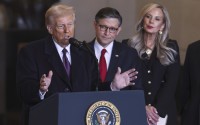 From left: President Donald Trump, House Speaker Mike Johnson and his wife Kelly Johnson listen after the 60th Presidential Inauguration, Monday, Jan. 20, 2025 in the U.S. Capitol in Washington. 
(Graeme Jennings / Pool Photo via AP)