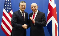 United States Secretary of Defense Pete Hegseth (left) shakes hands with Britain's Defense Secretary John Healey prior to a bilateral meeting on the sidelines of a NATO defense ministers meeting at NATO headquarters in Brussels, Wednesday, Feb. 12, 2025. 
(Johanna Geron / AP Photo)