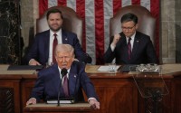 President Donald Trump addresses a joint session of Congress in the House chamber at the U.S. Capitol in Washington, Tuesday, March 4, 2025, as Vice President JD Vance and House Speaker Mike Johnson of La., listen. 
(Julia Demaree Nikhinson / AP Photo)