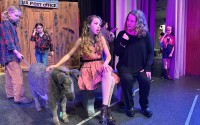Lara Ganz (right) director of Theatre Palisades Youth, works on blocking with Anna Telehowski, 14 (left) on opening night of the musical “Crazy for You” after the group lost their theater in the Palisades fire, Los Angeles, Calif., Feb. 28, 2025. 
(Jocelyn Gecker / AP Photo)