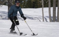 Ukrainian veteran Oleksandr Shvachka skis during a lesson with Oregon Adaptive Sports on the three track skiing method at Hoodoo Ski Area in central Oregon on Thursday, March 6, 2025. 
(Jenny Kane / AP Photo)