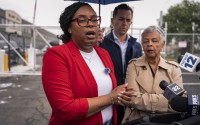 Congresswoman Rep. LaMonica McIver, D-N.J., speaks to the press after Newark mayor Ras Baraka was arrested while protesting at Delancey Hall ICE detention prison, Friday, May 9, 2025, in Newark, N.J.
(Angelina Katsanis / AP Photo)