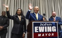 John Ewing gives his victory speech after winning the election for Omaha mayor at the downtown Hilton in Omaha, Neb., Tuesday, May 13, 2025. 
(Chris Machian / Omaha World-Herald via AP)