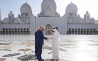 President Donald Trump shakes hands with with Yousif Al Obaidli, director of Sheikh Zayed Grand Mosque, during a tour of the Sheikh Zayed Grand Mosque, Thursday, May 15, 2025, in Abu Dhabi, United Arab Emirates. 
(Alex Brandon / AP Photo)