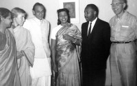 Pastor of Montgomery, Al., Dr. Martin Luther King Jr., and his wife, Coretta King, center on March 10, 1959. The Kings toured India visiting with Gandhi’s followers and leaders. From left to right are, Ms. Shanti, personal secretary to Kripalani; Barbara Bristol; Kripalani, considered the best among the interpreters of Gandhi’s teachings; Mrs. King; Dr. King; and James E. Bristol, secretary of the local Quaker center, which sponsored the Kings’ trip. (AP Photo)