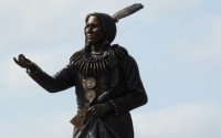 A 9-foot sculpture of the renowned Ponca Chief, Standing Bear, can be seen at Cenntiennial Mall between P and Q streets in Lincoln. (Tim Trudell / The Daily Record)