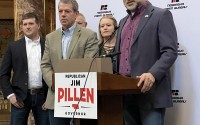 Farm Bureau President Mark McHargue (right) announces the group’s endorsement of then-University of Nebraska Regent Jim Pillen’s 2022 campaign for governor. 
(Aaron Sanderford / Nebraska Examiner)