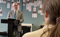 Nebraska Education Commissioner Brian Maher announces the Westside district in Omaha as the third district to participate in a statewide pilot program for apprenticing paras who want to become teachers in March 2024. 
(Aaron Sanderford / Nebraska Examiner)