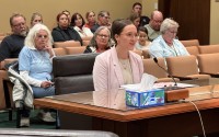 Brenna Grasz, speaking on behalf of Protect Women and Children, argues against Initiative 439, the abortion-rights amendment proposed by Protect Our Rights. 
(Aaron Sanderford / Nebraska Examiner)
