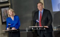 Omaha Mayor Jean Stothert spars with former State Sen. Mike McDonnell of Omaha during Tuesday’s mayoral debate at the Omaha Press Club. 
(Aaron Sanderford / Nebraska Examiner)