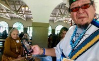 Chef Anthony Warrior prepared traditional food for participants of the Omaha conference. Warrior is a citizen of the Absentee Shawnee and is also descended from the Muscogee (Creek) Nation. 
(Cindy Gonzalez / Nebraska Examiner)
