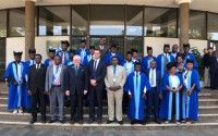 Front row from left: Norfolk Schools in Malawi founder Joe Mtika, Mayor Wild Ndipo, then-Northeast Community College President Michael Chipps and Norfolk Mayor Josh Moenning pose with other officials at a 2018 ceremony celebrating Norfolk and Blantyre, Malawi, becoming sister cities. Supporters say the school and nonprofit has helped dozens of Malawian teenagers get a U.S. college education and better their lives. 
(Courtesy photo)
