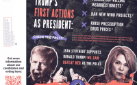 A mail advertisement paid for by the Nebraska Democratic Party that compares Omaha Mayor Jean Stothert to President Donald Trump. The ad landed in mailboxes in late February, weeks after Democratic Party chair Jane Kleeb shared it with the campaign manager of Mike McDonnell, Stothert’s top Republican challenger. 
(via Flatwater Free Press)
