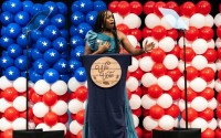 Jayde Dorsey sings “Lift Every Voice and Sing” at the Nebraska Democratic Party’s Ben Nelson Gala in Omaha on Oct. 5, 2024. Her standing-ovation performance made an impression on several notable figures in attendance. 
(Photo courtesy of BCom Solutions)