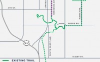 The planned route of the proposed trail, paid for with federal money, that would cut through York and connect two existing smaller trails. Supporters say it would bring in visitors and allow kids to bike to school. Opponents see it as a safety hazard, not an amenity. 
(Map by Hanscom Park Studio / Flatwater Free Press)