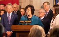 State Sen. Joni Albrecht of Thurston, center. May 22, 2023. 		(Zach Wendling / Nebraska Examiner)