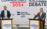 U.S. Rep. Don Bacon, R-Neb. (right), faces his Democratic challenger, State Sen. Tony Vargas (left), in the second of three debates for Nebraska’s 2nd Congressional District on Wednesday, Oct. 9, 2024, in Lincoln. 
(Zach Wendling / Nebraska Examiner)