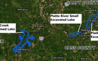 This map shows the alternative sites explored for recreation lakes along the Platte River in south Sarpy County, as well as a proposed site for a recreational dam on the Salt Creek west of Ashland. 
(Screenshot from Olsson / Black &Veatch report)