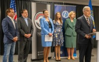 Nebraska Secretary of State Bob Evnen, at podium, leads a Wednesday news conference in Omaha into election security and integrity. 
(Zach Wendling / Nebraska Examiner)