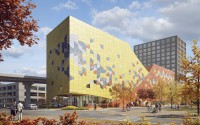 Station wagon in front of the rendering of the future Children’s Museum represents how it all started nearly a half-century ago. Snøhetta, architecture and landscape partner, previously led renovation of Omaha’s Joslyn Art Museum. Other partners include Roto, Alley Poyner Macchietto Architecture and Kiewit Building Group. 
(Courtesy of Snøhetta and Tegmark)
