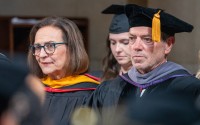 U.S. Sen. Deb Fischer, R-Neb., and Gov. Jim Pillen joined a dozen speakers in favor of President Jeffrey Gold’s installation as head of the University of Nebraska system on Sept. 5, 2024. 
(Zach Wendling / Nebraska Examiner)