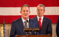 Justice Jeffrey Funke (center) is officially named the next chief justice of Nebraska’s Supreme Court on Friday, Oct. 25, 2024. 
(Zach Wendling / Nebraska Examiner)