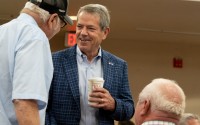 Nebraska Gov. Jim Pillen greets attendees at one of his property tax town halls Friday, May 24, 2024, in Beatrice. 
(Zach Wendling / Nebraska Examiner)