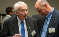 State Sen. Merv Riepe of Ralston (left) talks with State Sen.-elect Jared Storm of David City at a legislative retreat in Kearney on Friday, Dec. 13, 2024.
 (Zach Wendling / Nebraska Examiner)