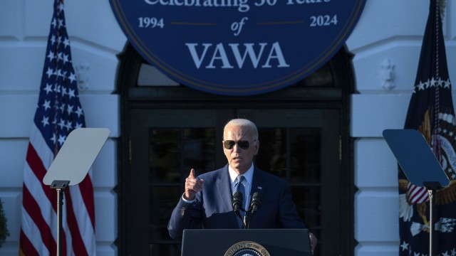 President Joe Biden speaks during the Violence Against Women Act 30th anniversary celebration on the South Lawn of the White House, Thursday, Sept. 12, 2024, in Washington. 
(Jose Luis Magana / AP Photo)