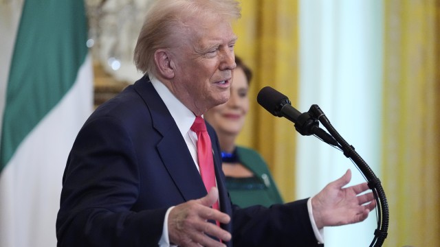 President Donald Trump speaks during an event with Ireland's Prime Minister Micheál Martin in the East Room of the White House in Washington, Wednesday, March 12, 2025. 
(Alex Brandon / AP Photo)