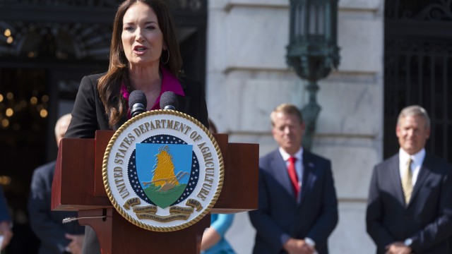 Agriculture Secretary Brooke Rollins with Nebraska Gov. Jim Pillen, speaks during a news conference at the Department of Agriculture in Washington, Tuesday, July 8, 2025.
(Manuel Balce Ceneta / AP Photo)