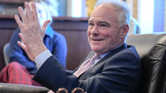Sen. Tim Kaine, D-Va., speaks to reporters about a war powers resolution regarding Venezuela on Capitol Hill, Wednesday, Jan. 7, 2026, in Washington.
(Mariam Zuhaib / AP Photo)