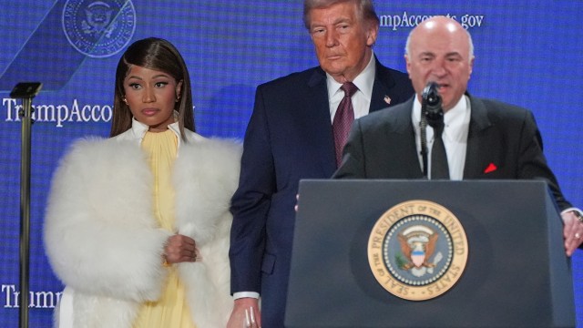 From left: Nicki Minaj, President Donald Trump listen as Kevin O'Leary speaks during the launch of a program known as Trump Accounts at the Andrew W. Mellon Auditorium, Wednesday, Jan. 28, 2026, in Washington.
(Jacquelyn Martin / AP Photo)