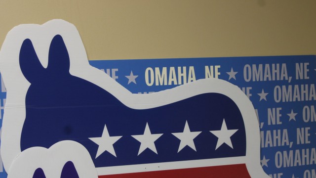 Cutouts at an Omaha office of the Nebraska Democratic Party on April 3, 2026.
(Juan Salinas II / Nebraska Examiner)