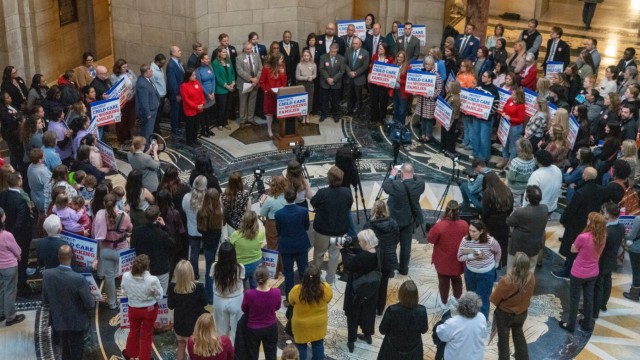 Supporters gather at the Nebraska State Capitol for a rally urging state lawmakers to extend current income eligibility for child care subsidies, Jan. 8, 2026. 
(Zach Wendling / Nebraska Examiner)