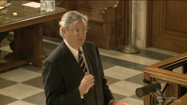 Attorney J.L. Spray of Lincoln argues before the Nebraska Supreme Court on Sept. 30, 2026.
(Screenshot of Nebraska Public Media livestream by
Zach Wendling / Nebraska Examiner)