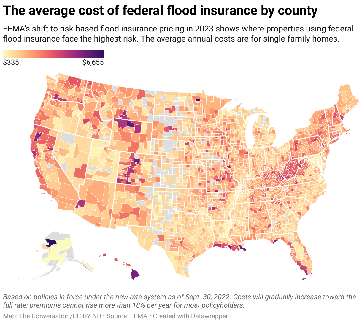 Average cost of federal flood insurance by county