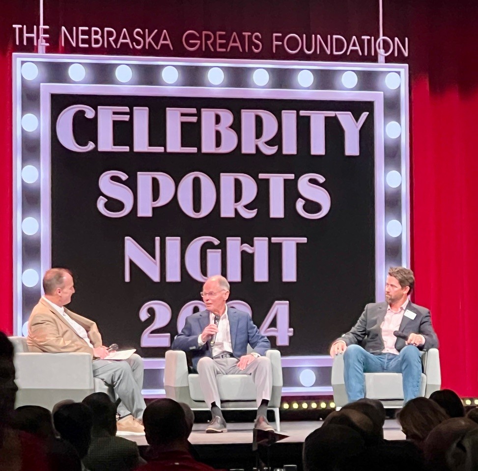 From left: Omaha radio broadcaster Gary Sharp talks with former Husker head coach Frank Solich and former Husker quarterback Eric Crouch on Tuesday, Oct. 15, at the Relevant Center in Elkhorn.<br />(Derek Noehren / The Daily Record)