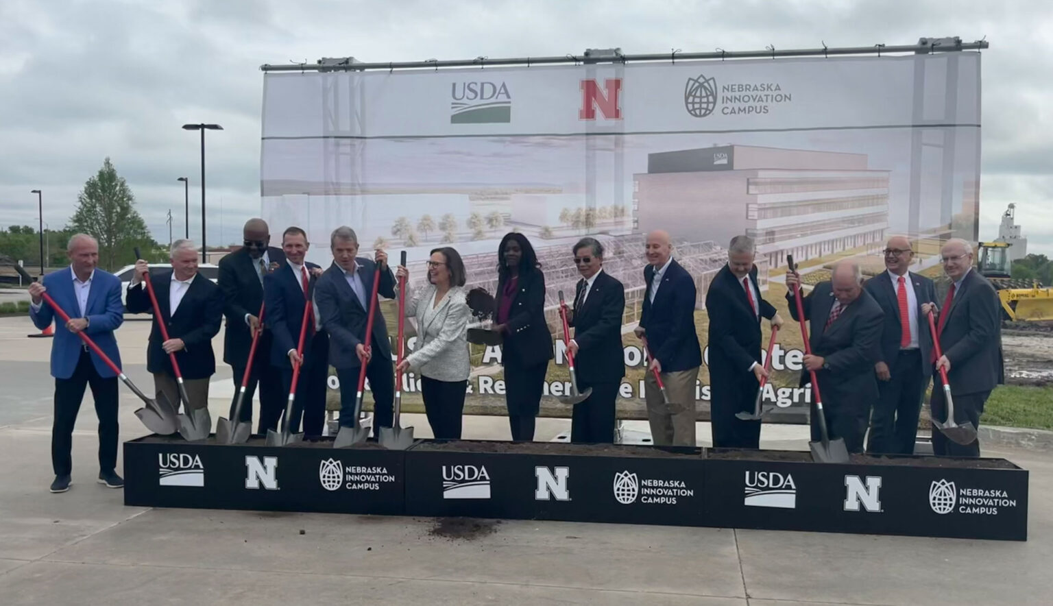 University of Nebraska, state and federal leaders ceremonially break ground on the new Agriculture Research Service National Center for Resilient and Regenerative Precision Agriculture at Nebraska Innovation Campus in Lincoln, May 6, 2024.<br /> (Zach Wendling / Nebraska Examiner)