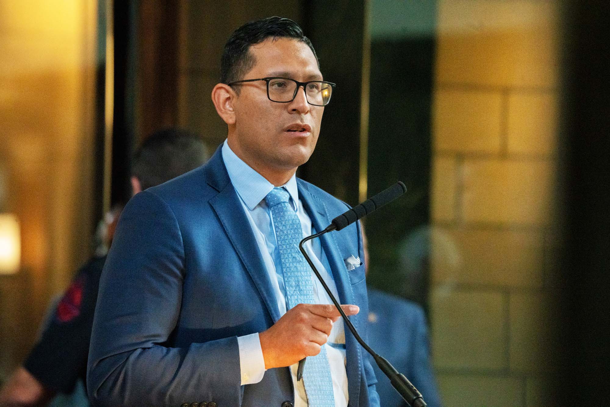 State Sen. Tony Vargas of Omaha speaks on the floor of the Legislature on Aug. 13, 2024.<br />(Zach Wendling / Nebraska Examiner)