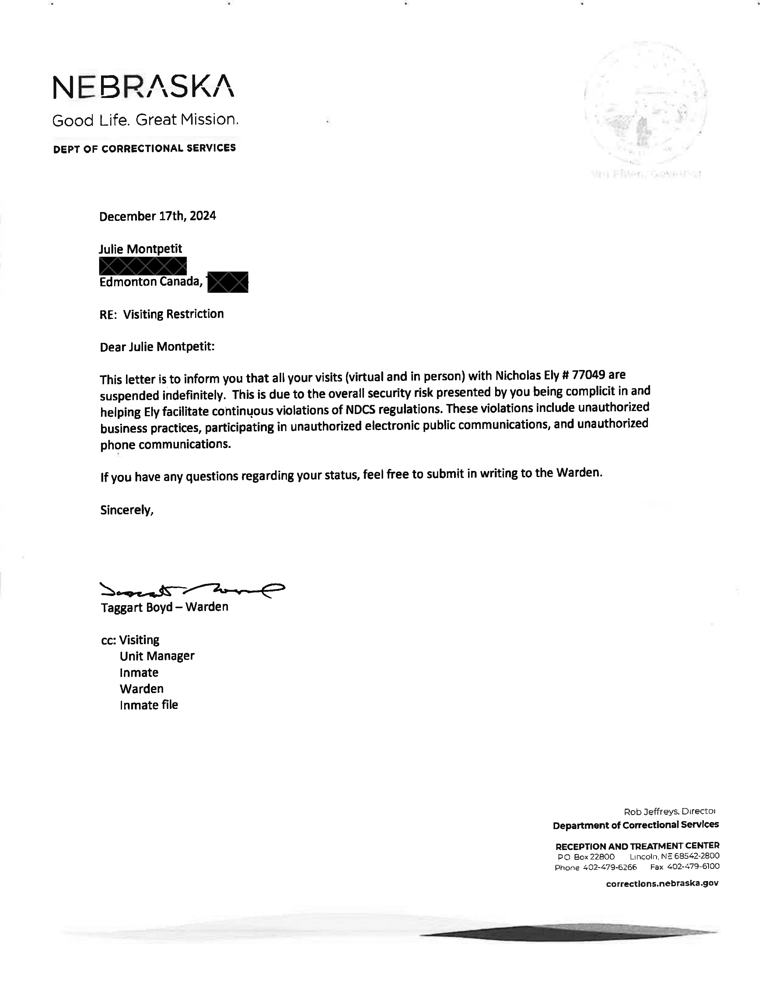 Letter from the warden informing Monpetit that her visits had been suspended.<br />(Courtesy Julie Montpetit)
