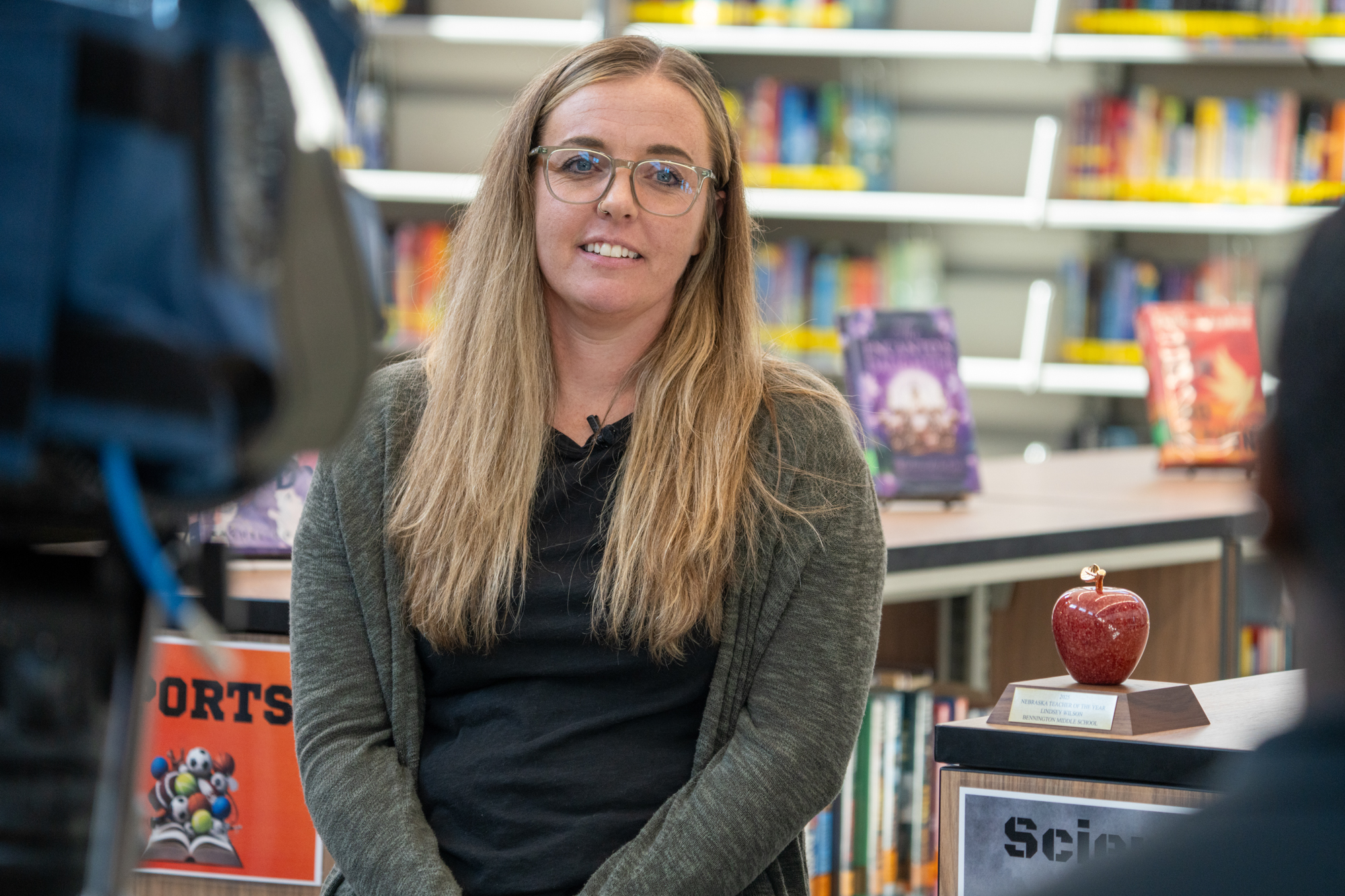 Lindsey Wilson, a teacher at Bennington Middle School, talks to reporters after being selected as the 2025 Nebraska Teacher of the Year, Sept. 19, 2024.<br />(Zach Wendling / Nebraska Examiner)